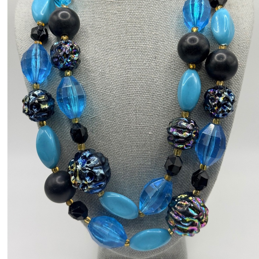 Vintage West Germany Double Strand Bead Necklace Blue Black AB Iridescent Hook